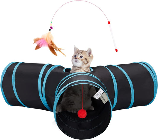 Pet Cat Tunnel Tube Cat Toys 3 Way Collapsible, Cat Tunnels for Indoor Cats，Kitty Tunnel Bored Cat Pet Toys Peek Hole Toy Ball Cat, Puppy, Kitty, Kitten, Rabbit