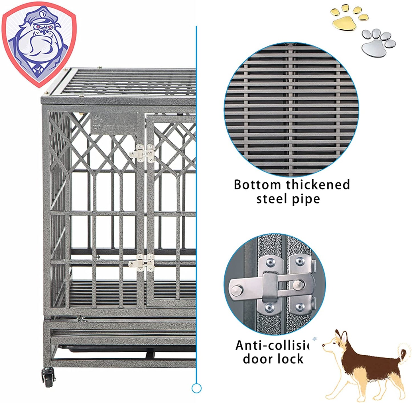 Heavy Duty Dog Crate Strong Metal Pet Kennel Playpen with Two Prevent Escape Lock, Large Dogs Cage with Wheels, Y Shape, Dark Silver … …