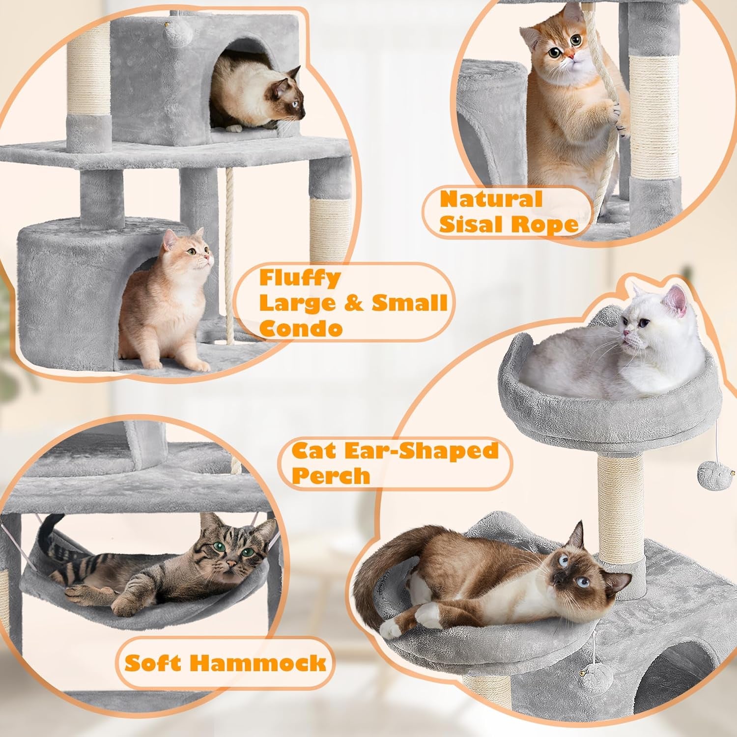 62.2 Inches Cat Tree Cat Towers Cat Condo with Platform & Hammock, Scratching Posts for Kittens Pet Play House with Plush Perch for Indoor Activity Relaxing