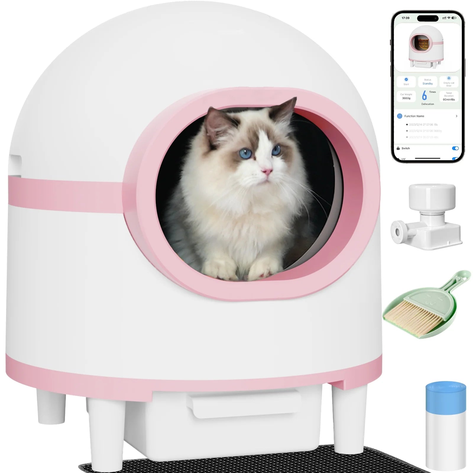 Self-Cleaning Cat Litter Box, with APP Control Odor Removal Safety Protection, Can Accommodate Multiple Cats, Pink