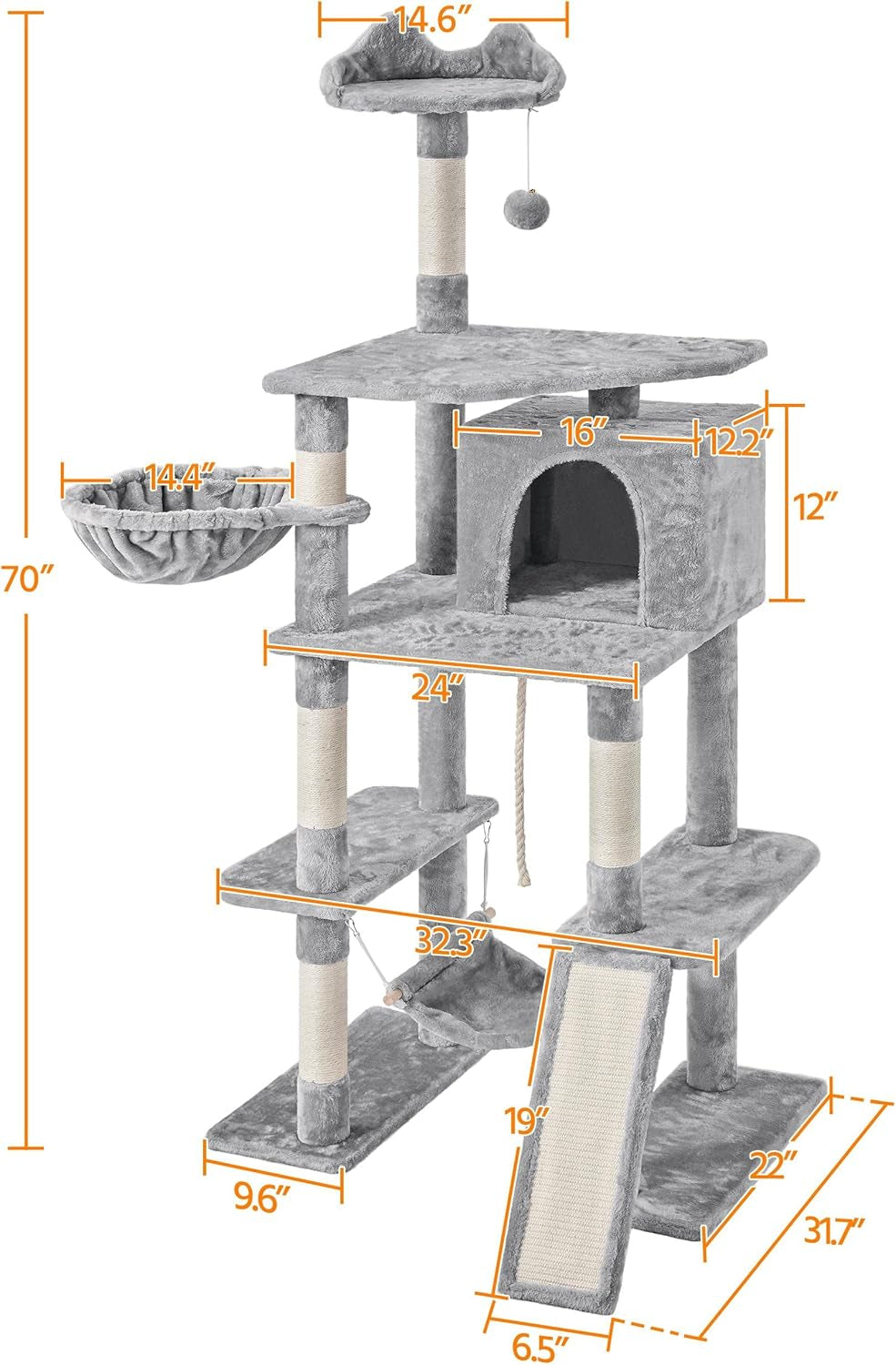 69.5In Multi-Level Cat Tree Tower Condo Furniture with Sisal-Covered Scratching Posts, Plush Condos, Cozy Basket and Perch Hammock for Kittens Pet House Play