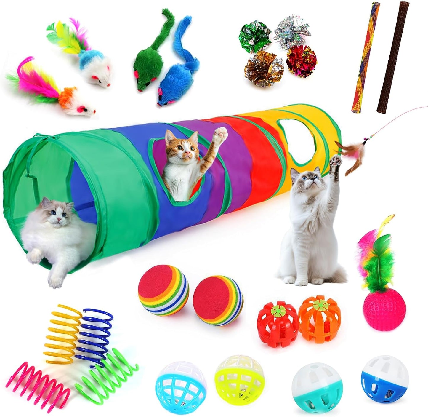 Cat Toys for Indoor Cats Interactive, 25 Assorted Cat Stuff Toys Pack Including Crinkle Tunnel Ball Wand Teaser Feather Mouse Mice Spring Assortment Kit for Cats Kittens Rabbits Puppies