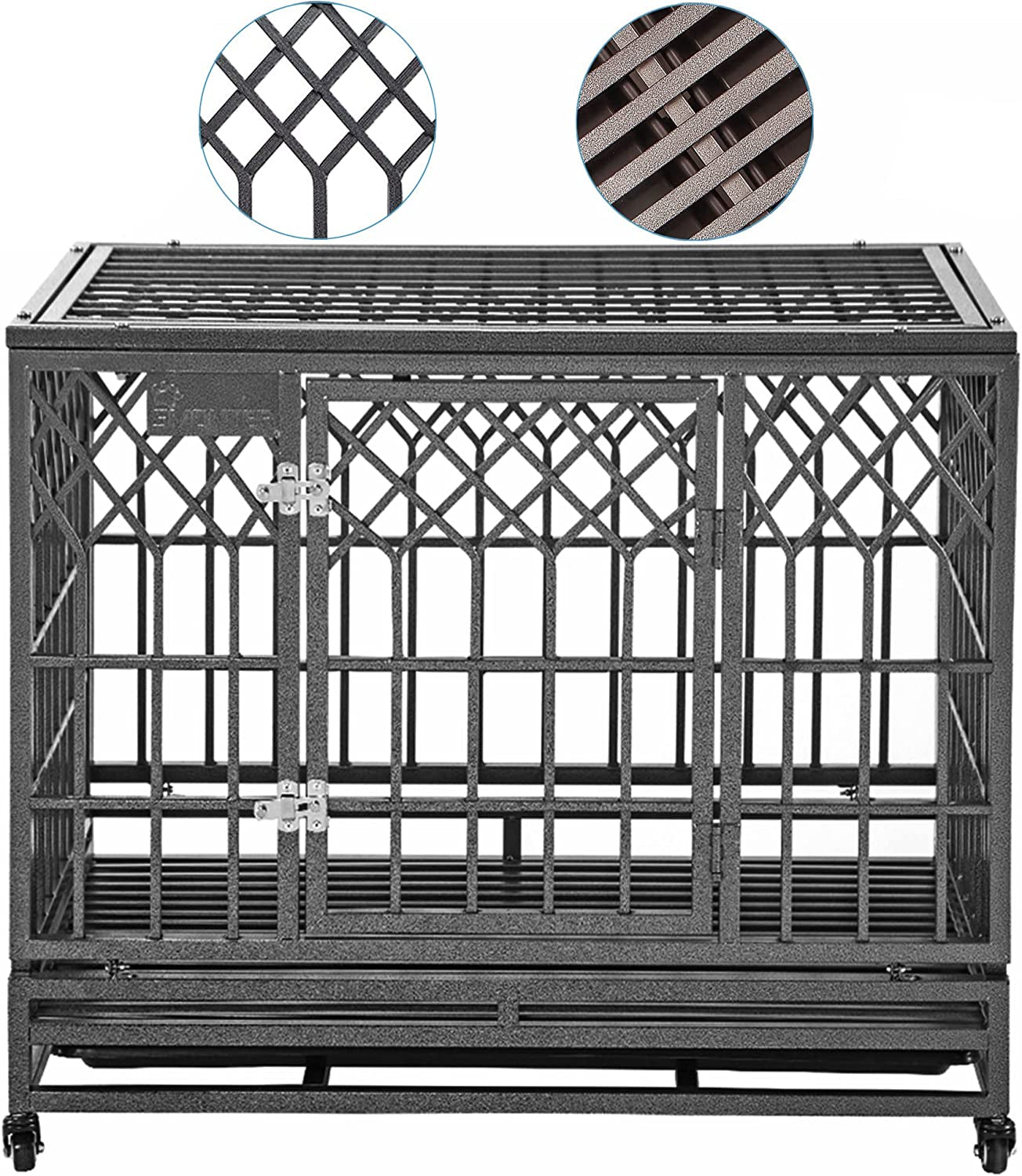 Heavy Duty Dog Crate Strong Metal Pet Kennel Playpen with Two Prevent Escape Lock, Large Dogs Cage with Wheels, Y Shape, Dark Silver … …