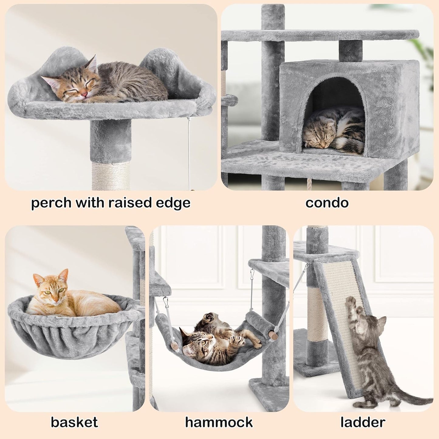 69.5In Multi-Level Cat Tree Tower Condo Furniture with Sisal-Covered Scratching Posts, Plush Condos, Cozy Basket and Perch Hammock for Kittens Pet House Play