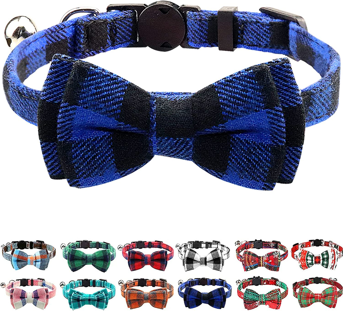 Upgraded Cat Collar with Bells, Breakaway Cat Collars with Bow Tie, 1 Pack Girl Boy Safety Plaid Kitten Collars, Blue