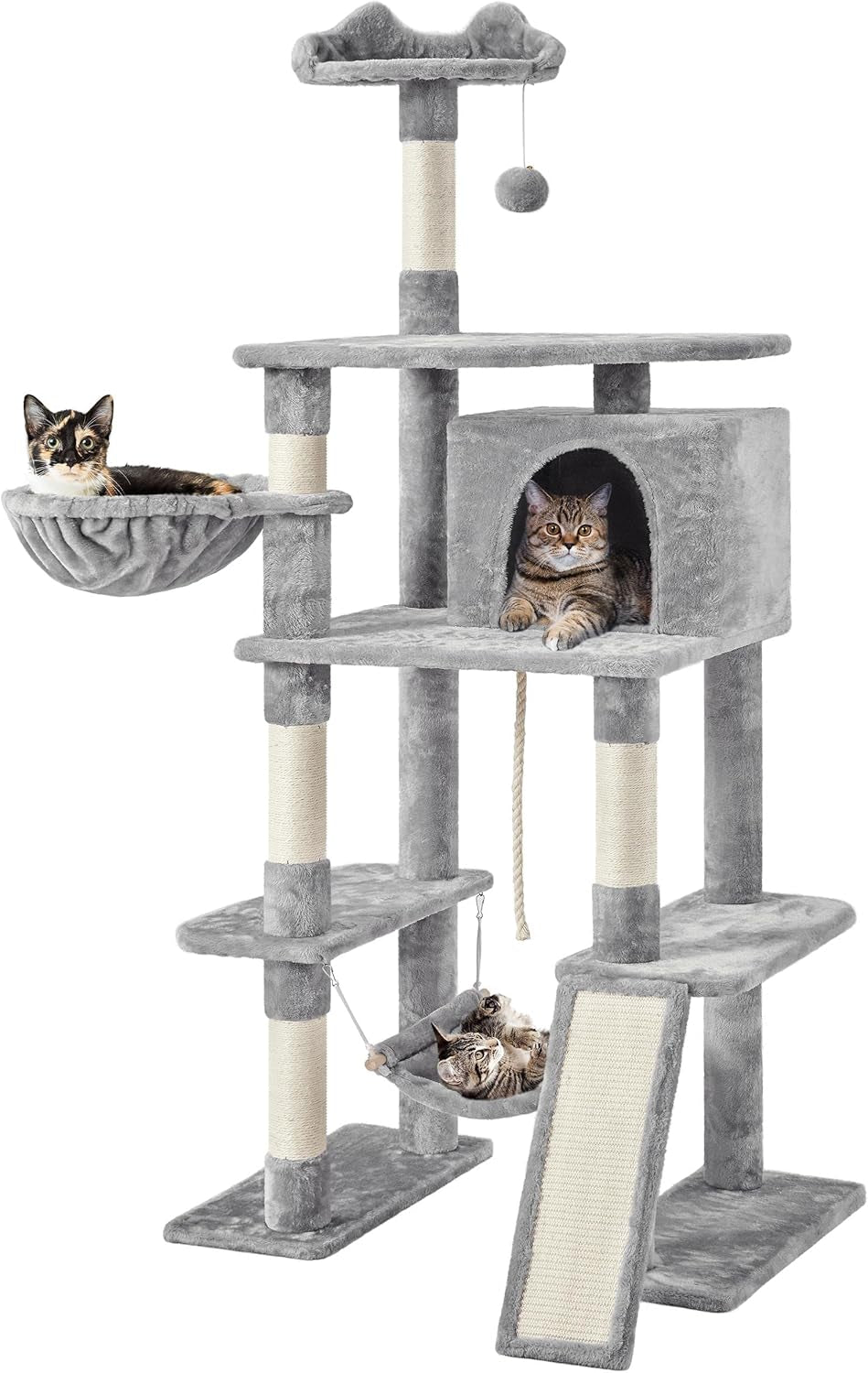 69.5In Multi-Level Cat Tree Tower Condo Furniture with Sisal-Covered Scratching Posts, Plush Condos, Cozy Basket and Perch Hammock for Kittens Pet House Play