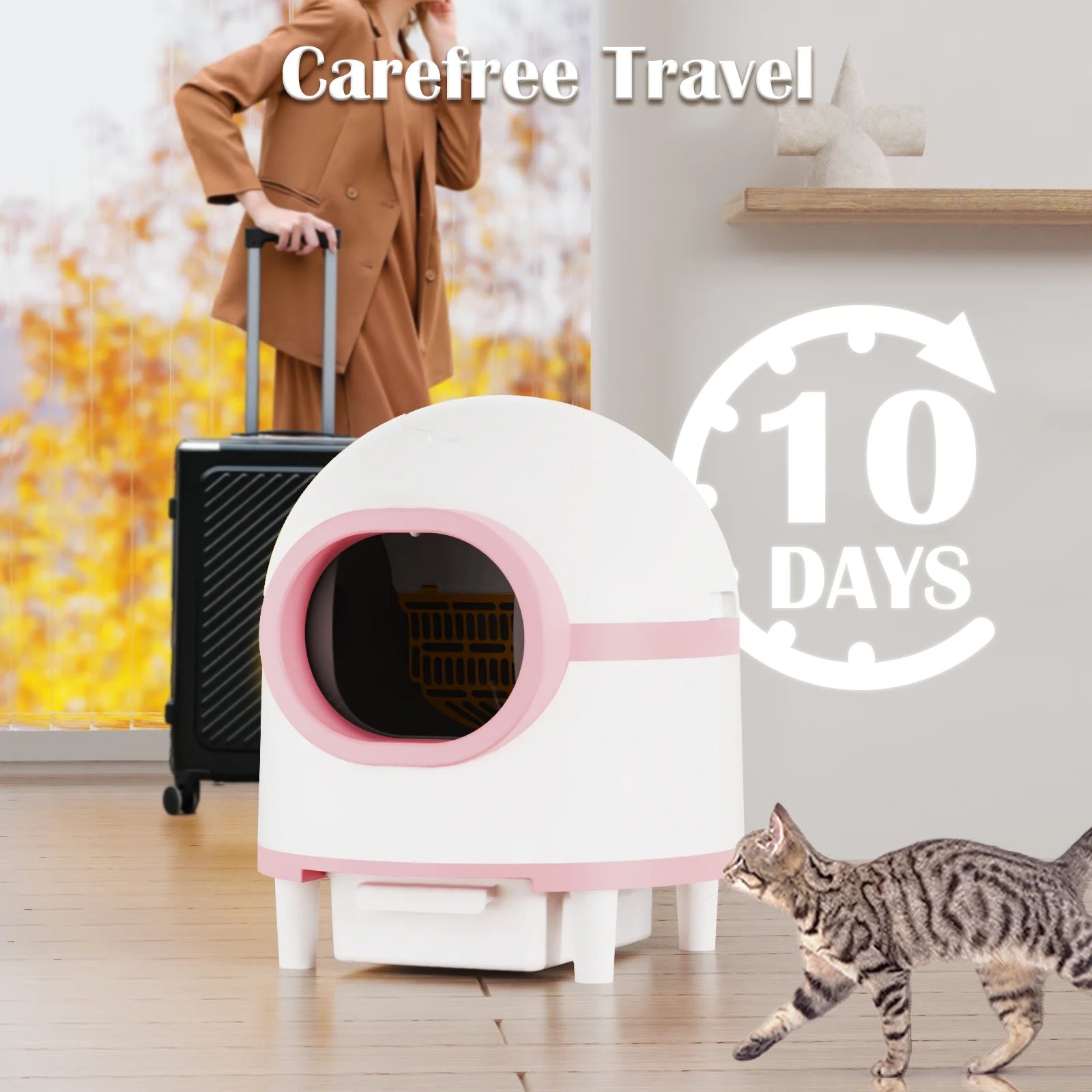 Self-Cleaning Cat Litter Box, with APP Control Odor Removal Safety Protection, Can Accommodate Multiple Cats, Pink